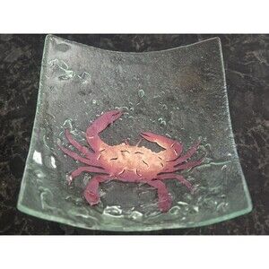 Signed Jones Glassworks Seattle Fused Art Glass Crab Platter - Textured Bubble